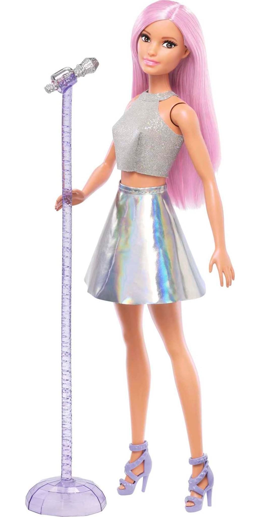 Barbie Pop Star Doll Dressed In Iridescent Skirt with Microphone and Pink Hair, Gift for 3 to 7 Year Olds, FXN98