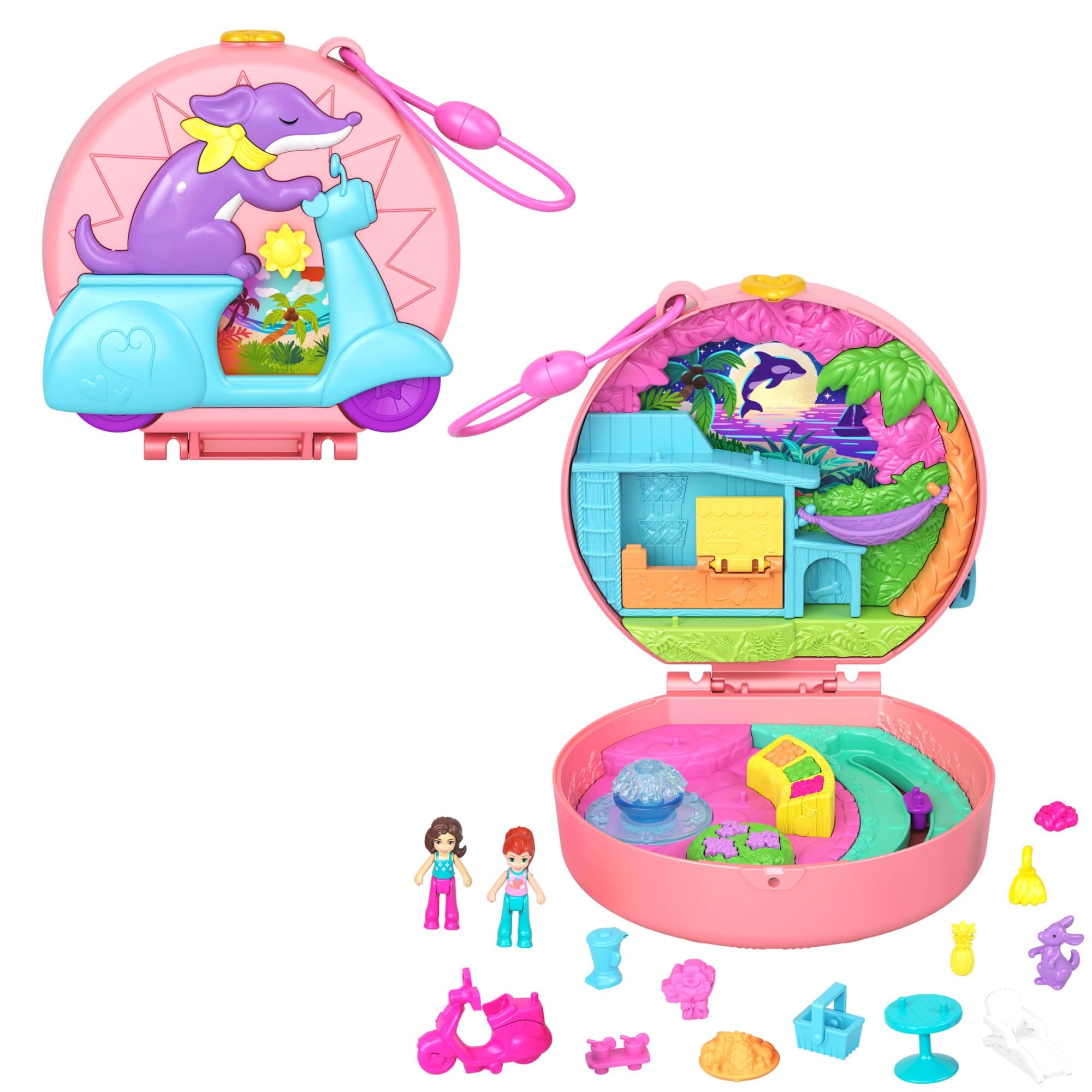Polly Pocket Dolls and Playset, Adventure Moped Compact, Travel Toy with 2 Micro Dolls and Pet, Animal and Vehicle Accessories