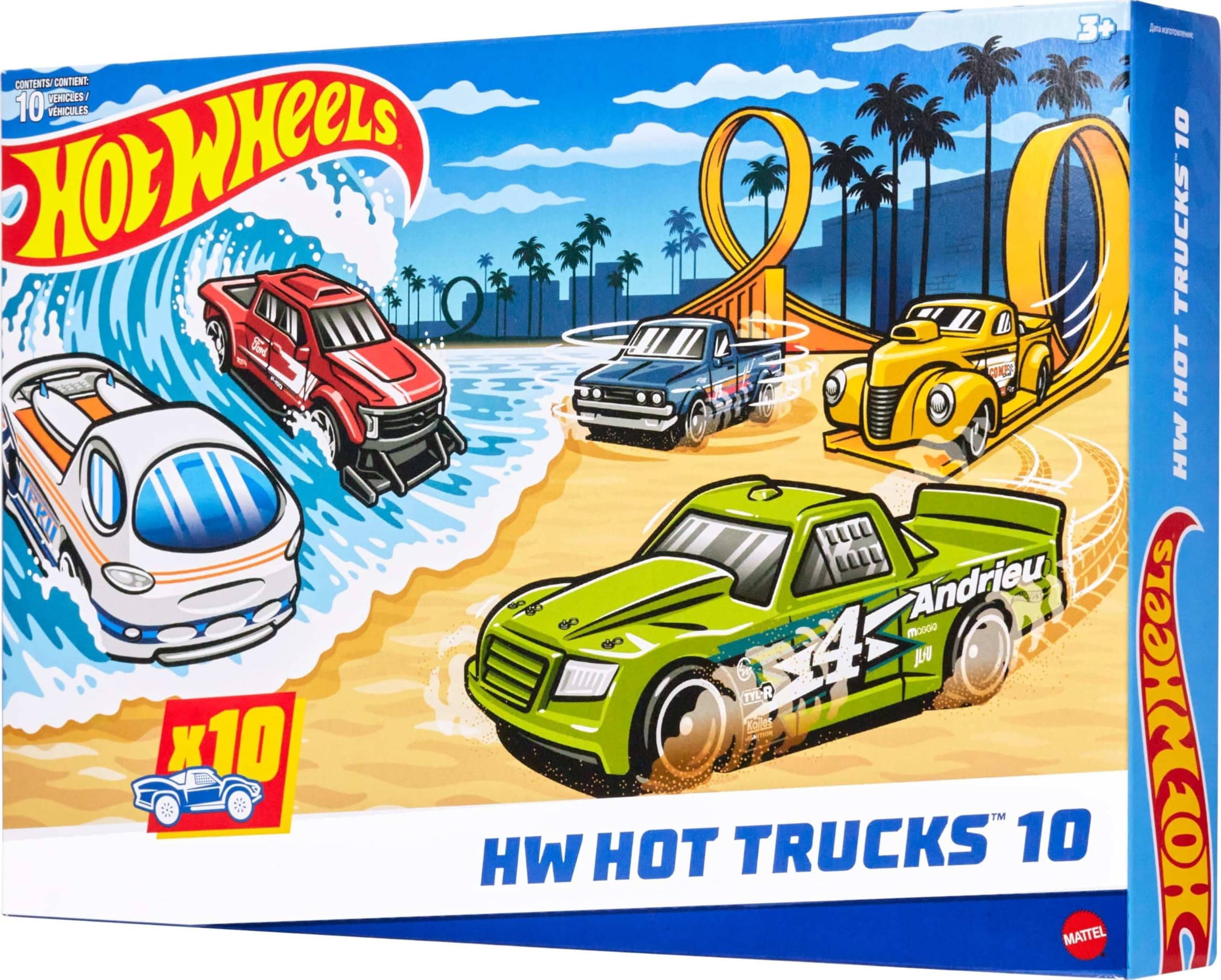 Hot Wheels Toy Trucks 10-Pack, Set of 10 Die-Cast 1:64 Scale Utility, Racing & Other Pickups or Vans, Modern & Retro Models (Styles May Vary), HYM97