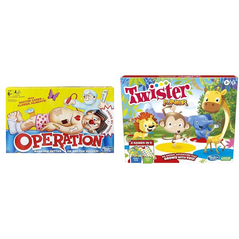 Hasbro Gaming Classic Operation with Cards & 2-Sided Animal Adventure Mat - 2 Games in 1, Party Game