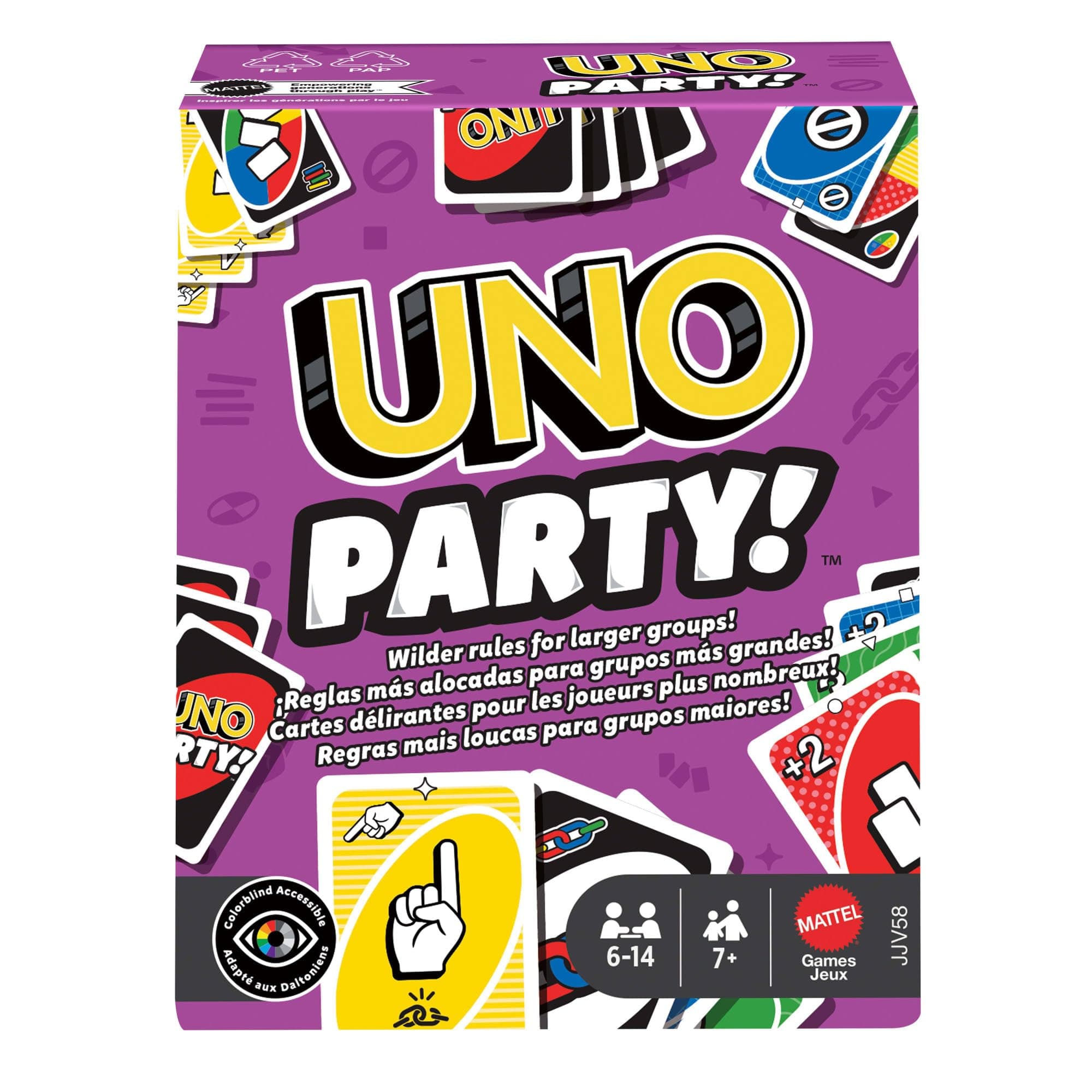 Mattel Games UNO Party Card Game with Deck & Special Rules for Large Groups on Kid, Adult & Family Nights, 6 to 14 Players Ages 7+ Years, JJV58